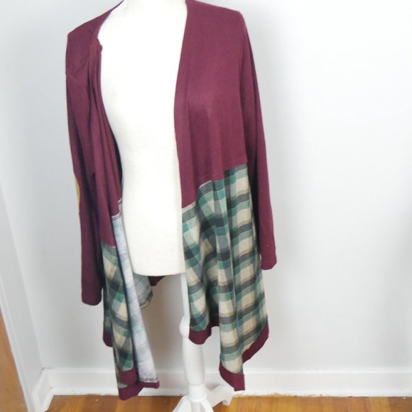 Entro Maroon with Green Plaid and Tan Elbow Patch Open Cardigan Medium - Picture 1 of 11